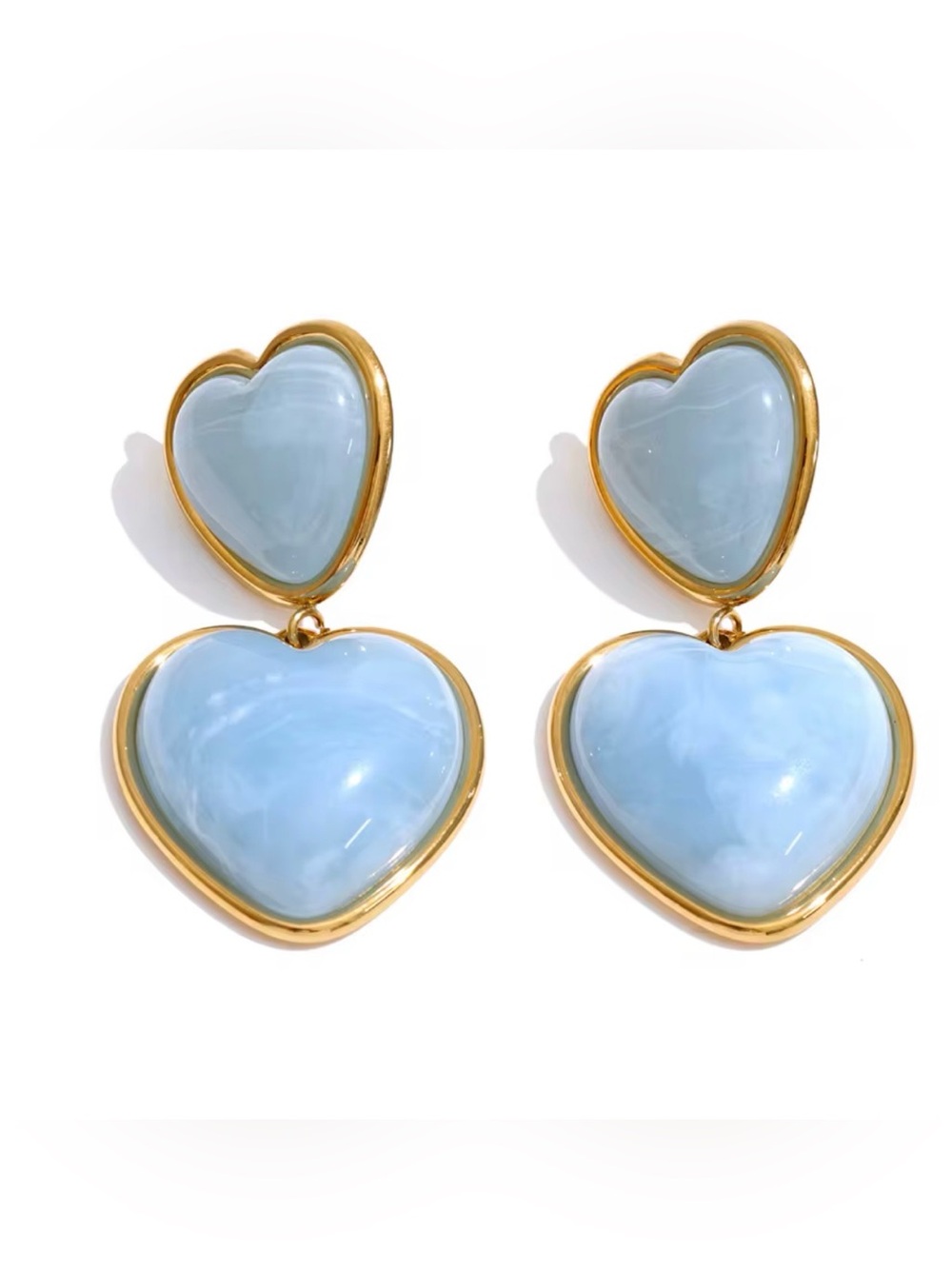 18K Gold Plated Gold-Trim Light Blue Heart Drop Earrings